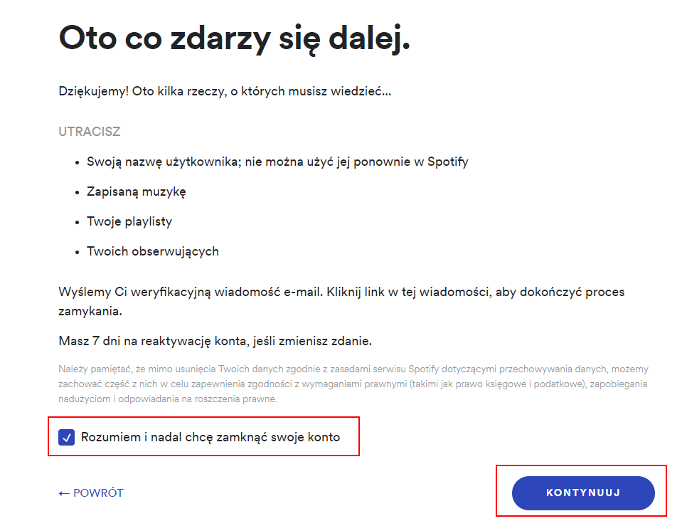 Sprawdź dane i potwierdź chęć usunięcia konta Spotify