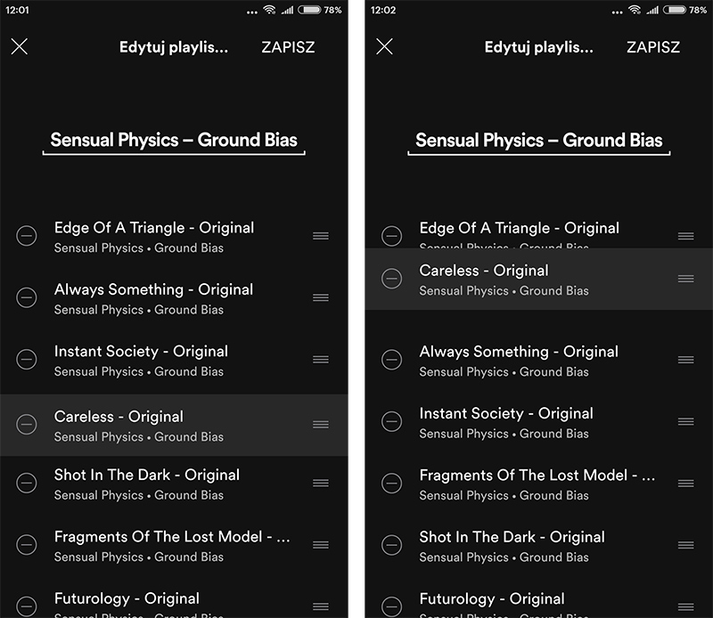 Zmiana kolejności utworów na playlistach w Spotify na Androidzie