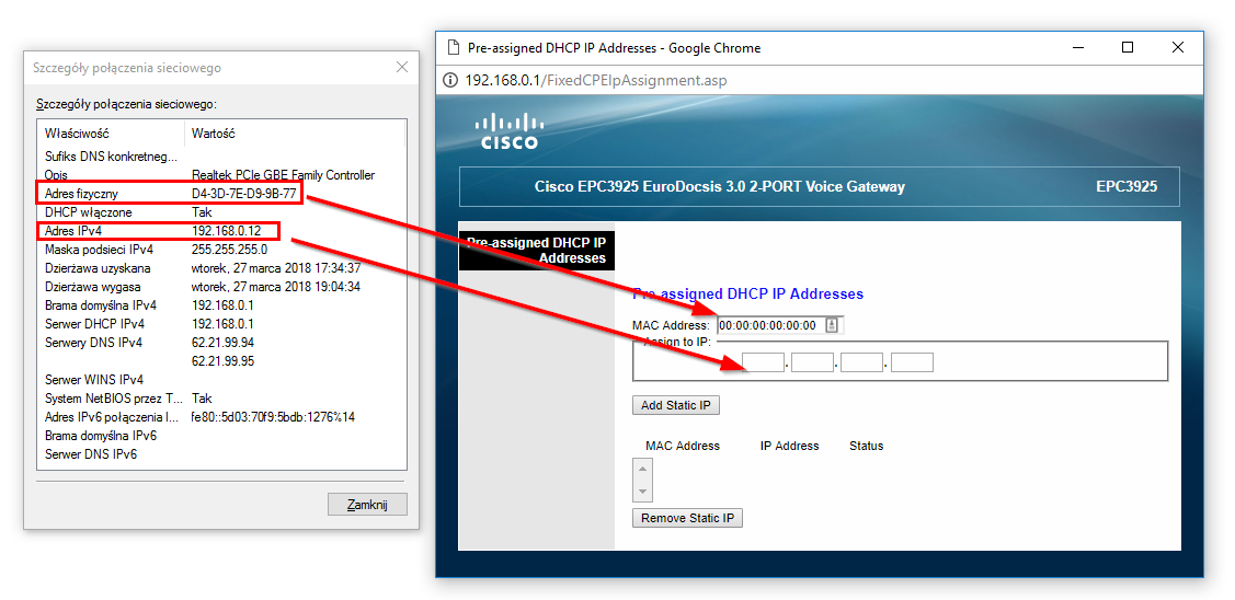 Wpisz swój adres MAC i adres IP, który ma być dla niego ustawiony
