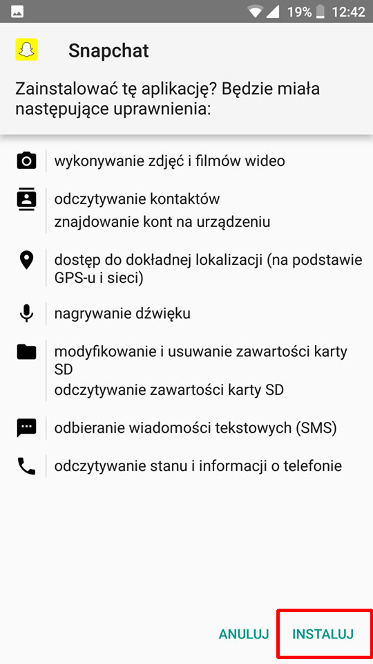 Potwierdź instalację Snapchat