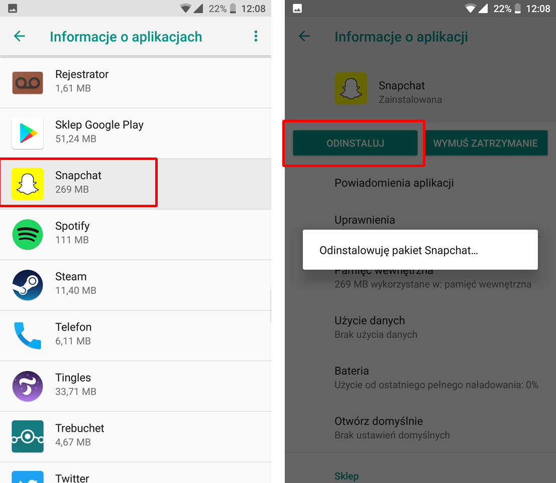 Odinstaluj nowego Snapchata