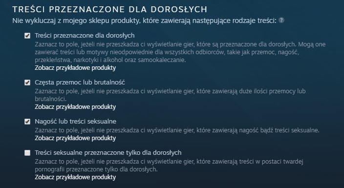 Ustawienia treści dla dorosłych w Steam