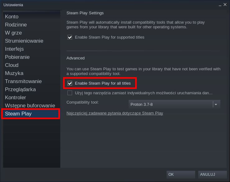 Włącz Steam Play dla wszystkich gier