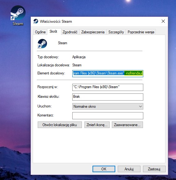 Właściwości skrótu Steam