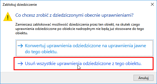 Usuń uprawnienia odziedziczone dla folderu