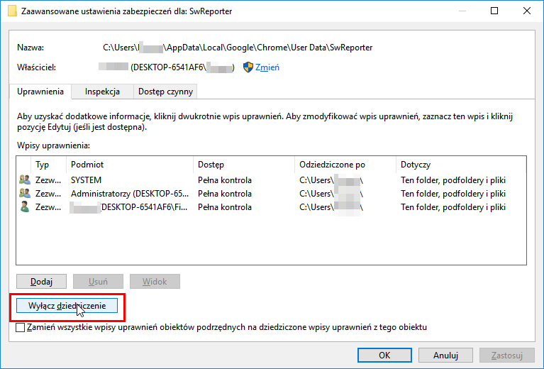 Skorzystaj z opcji Wyłącz dziedziczenie