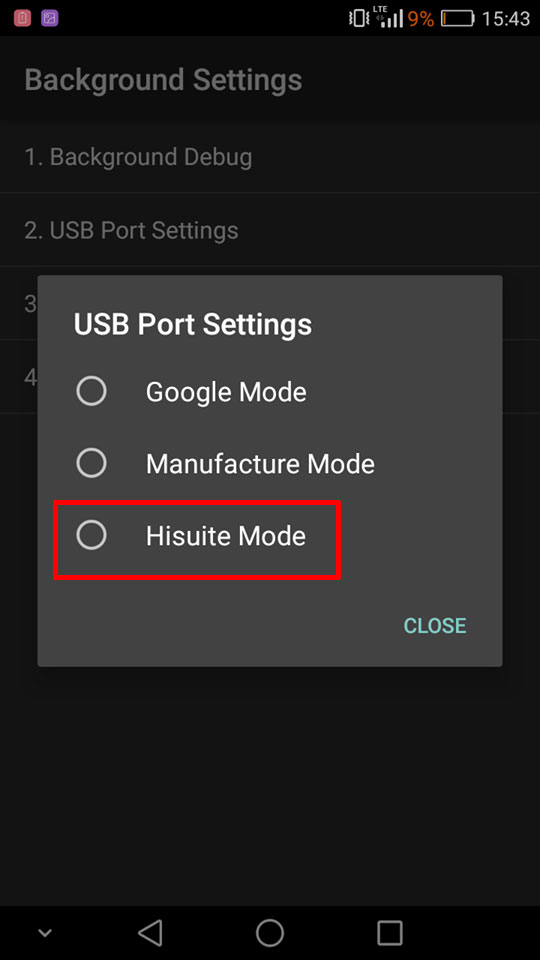 Ustaw tryb HiSuite Mode w menu serwisowym