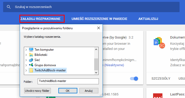 Załaduj rozszerzenie TwitchAdBlock z Folderu