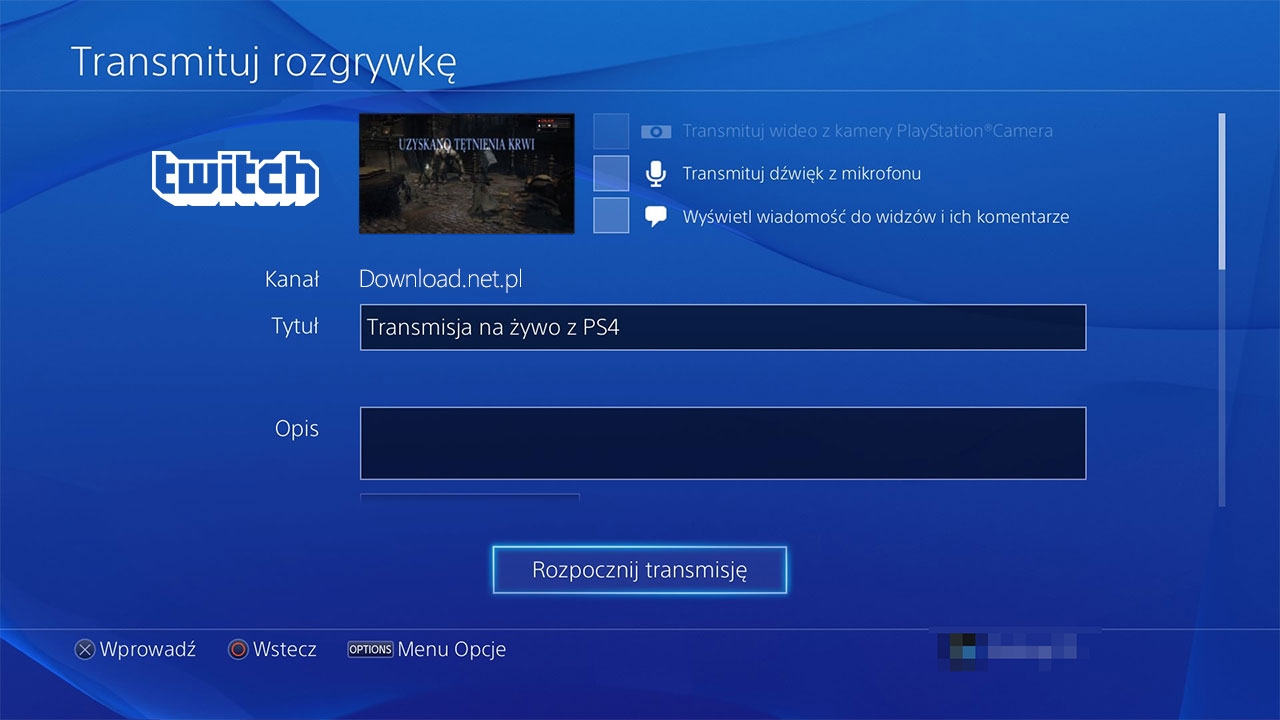 Rozpocznij transmisję na Twitch z PS4