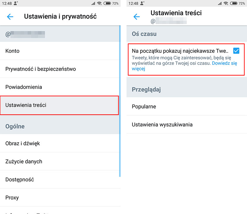 Twitter - odznacz opcje wyświetlania najlepszych tweetów na smartfonie