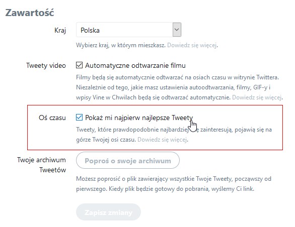 Twitter - odznacz pole wyświetlania najpierw najlepszych Tweetów