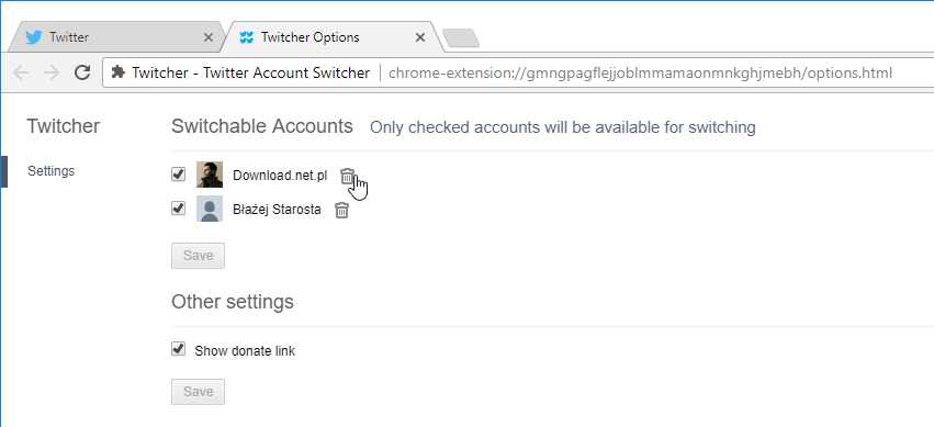 Twitcher - usuwanie wybranych kont
