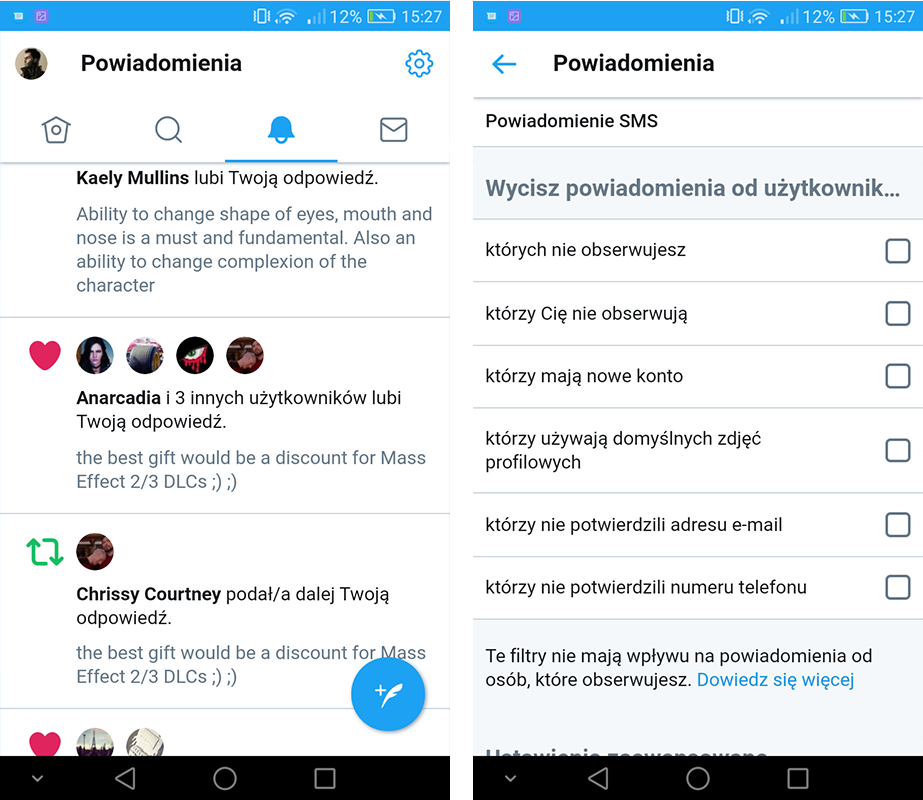 Twitter Lite - powiadomienia