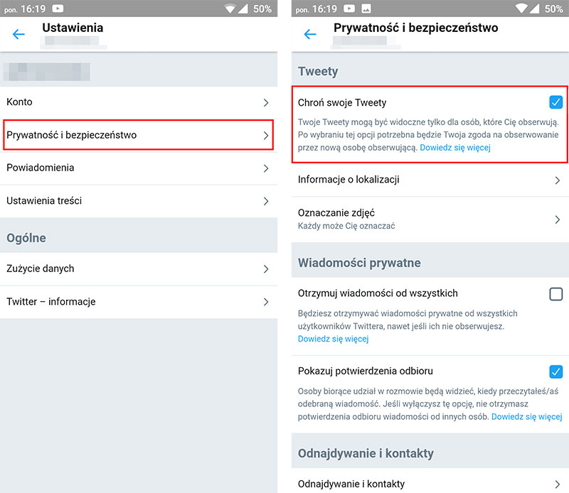 Włącz ochronę Tweetów w smartfonie