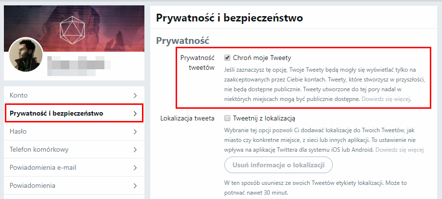 Włącz ochronę Tweetów w przeglądarce