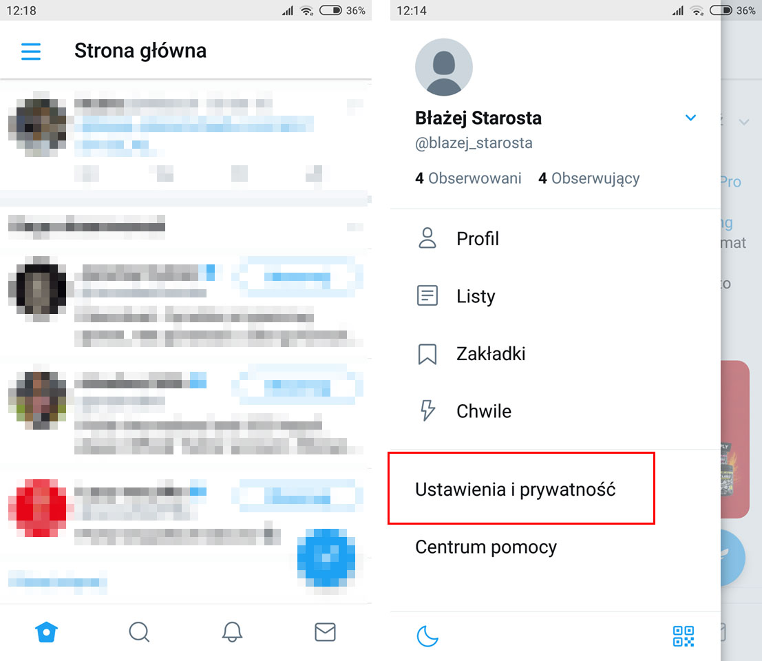 Twitter w Androidzie - wejdź do ustawień