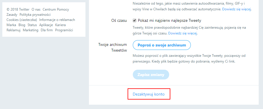 Wybierz opcję dezaktywacji konta na Twitterze