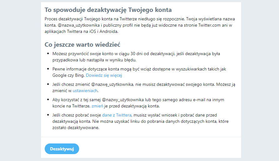 Twitter - potwierdź usuwanie konta