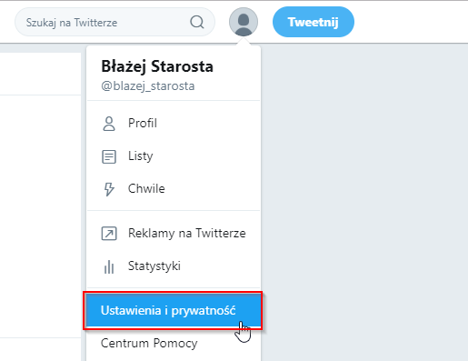 Wejdź do menu Twittera