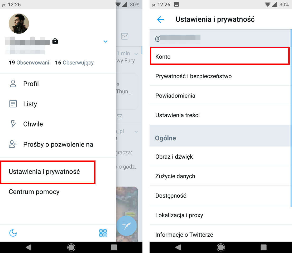 Wejdź do ustawień konta w aplikacji Twitter