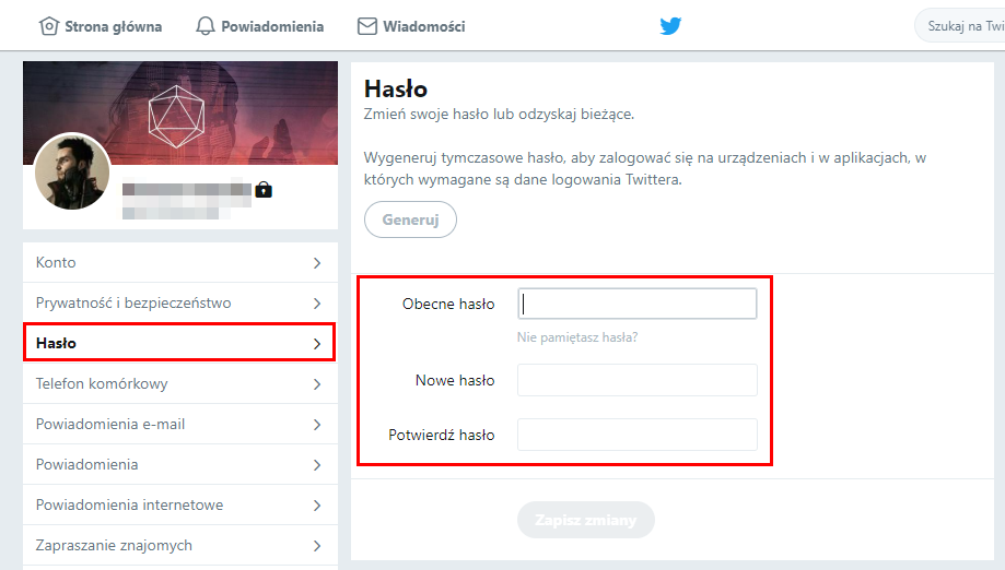 Wejdź do ustawień hasła na Twitterze