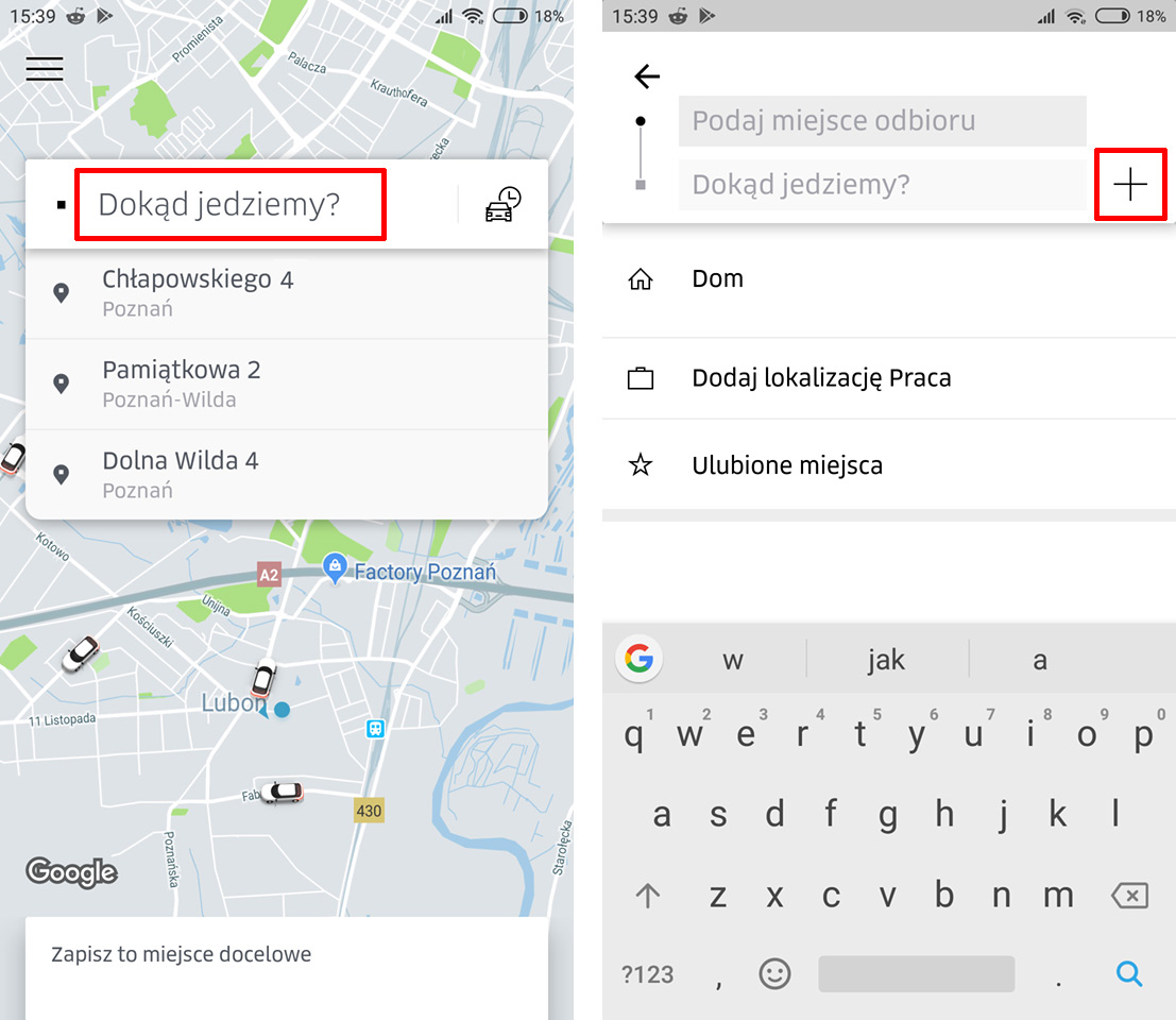 Uber - wejdź do ekranu wyboru miejsca docelowego