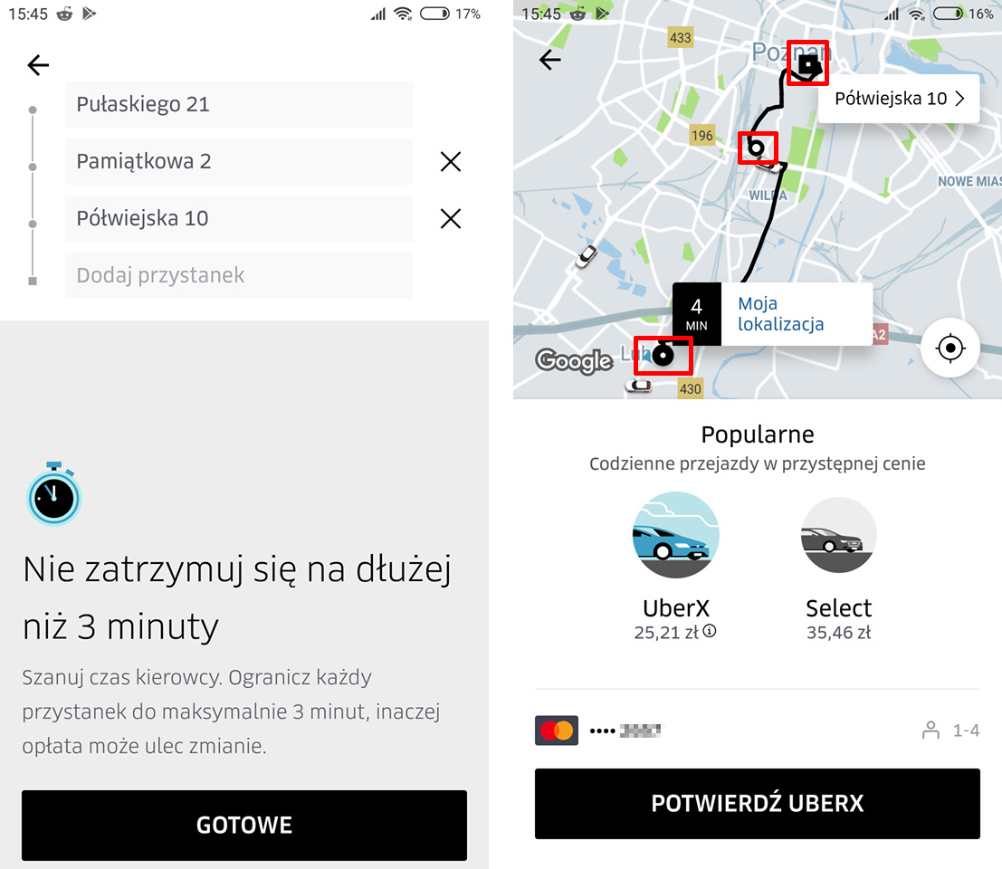 Uber - dodawanie przystanków