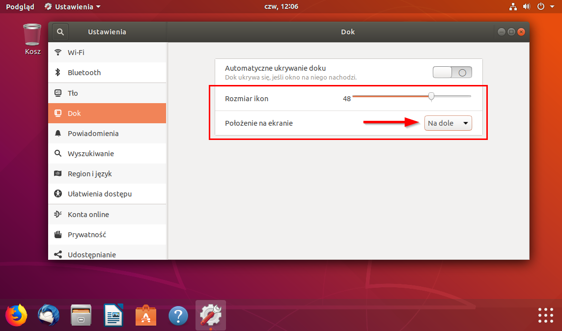 Zmień pozycję doku w Ubuntu 17.10 i nowszych