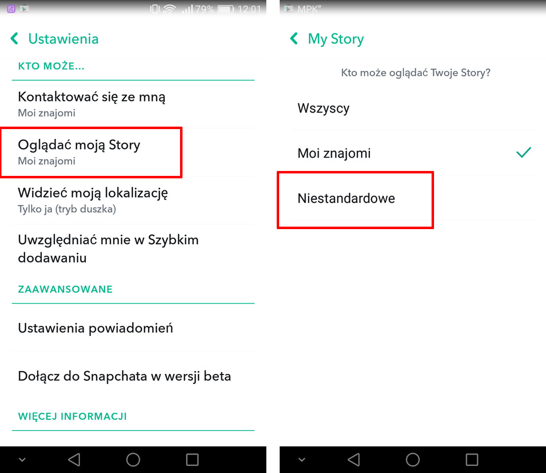 Ustawienia widoczności My Story w Snapchacie