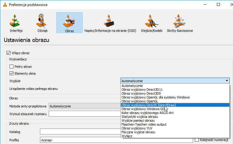 Ustaw DirectDraw na wyjście w VLC