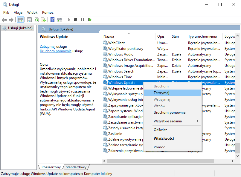 Zatrzymaj usługę Windows Update