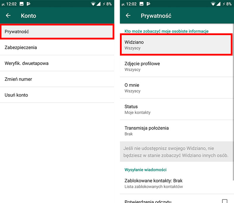 Wejdź do ustawień konta i prywatności w Whatsapp