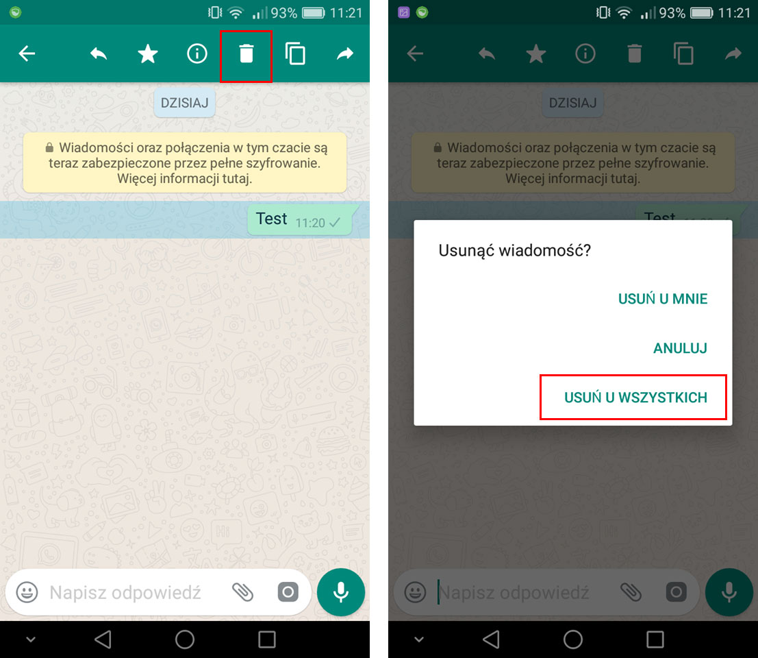 Whatsapp - wybierz opcję usuwania wiadomości