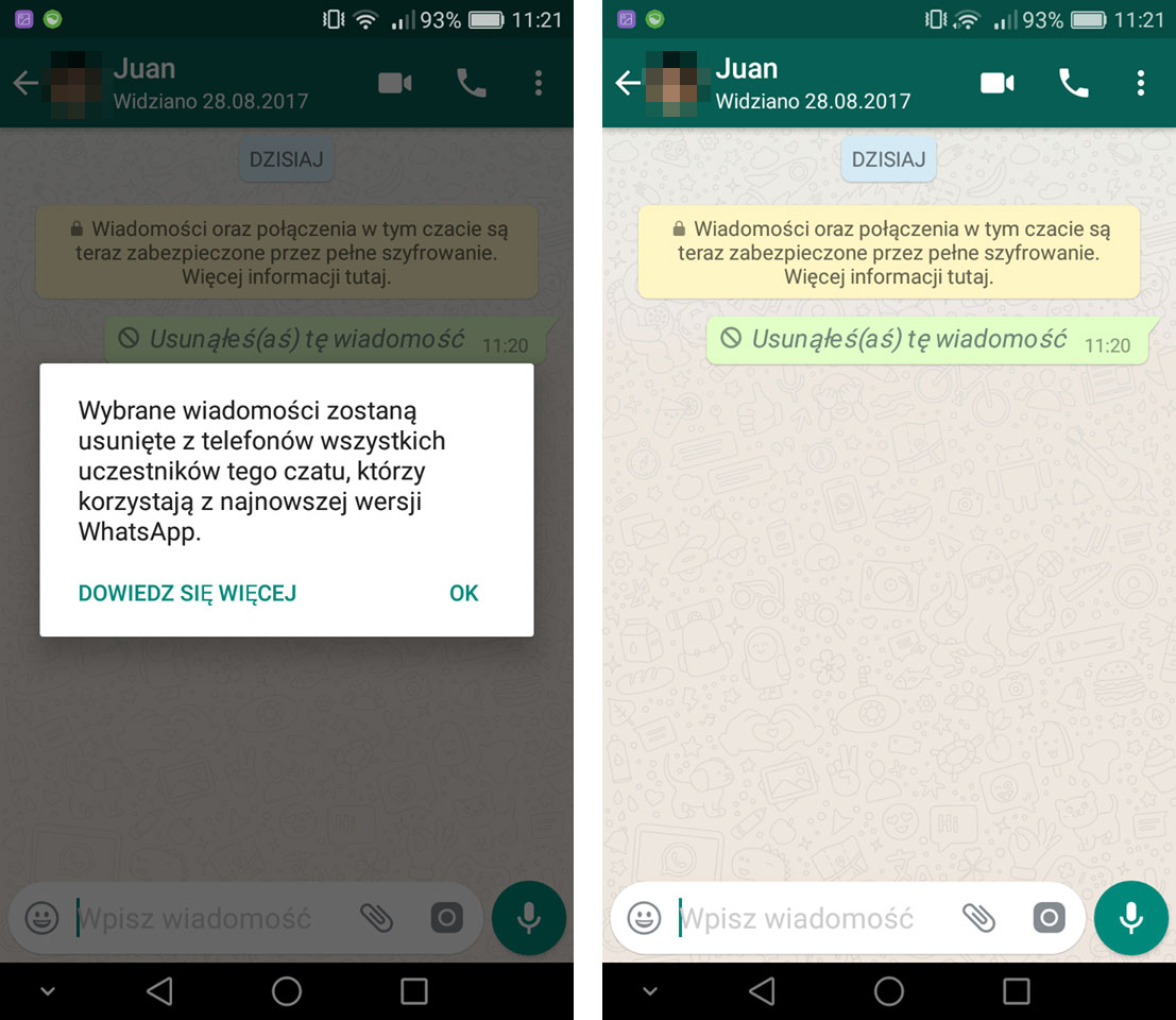 Whatsapp - usunięta wiadomość