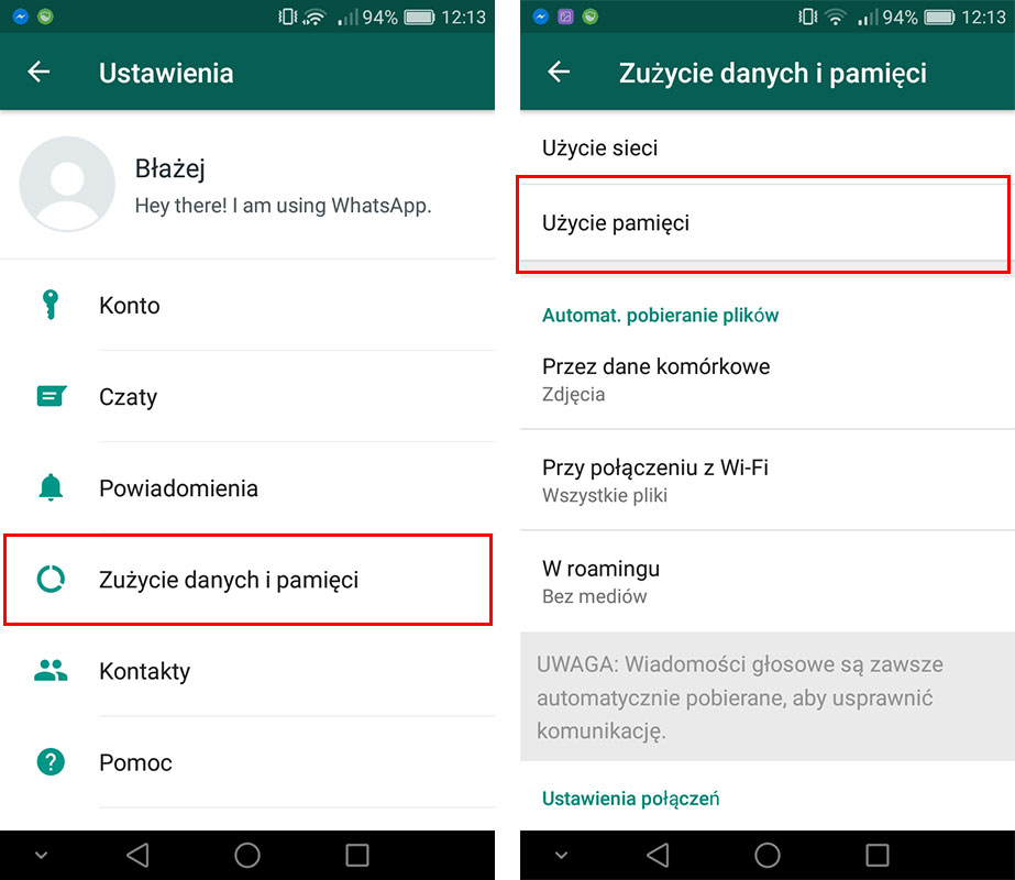 Użycie danych i pamięci w Whatsapp