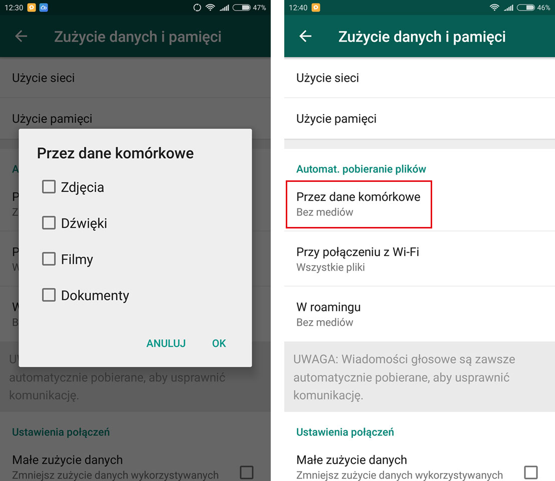 Odznacz pobieranie zdjęć w ustawieniach Whatsapp