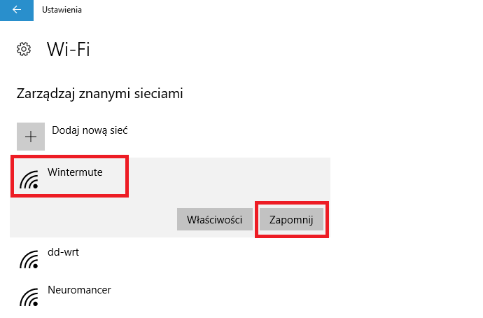 Zapomnij ustawienia sieci