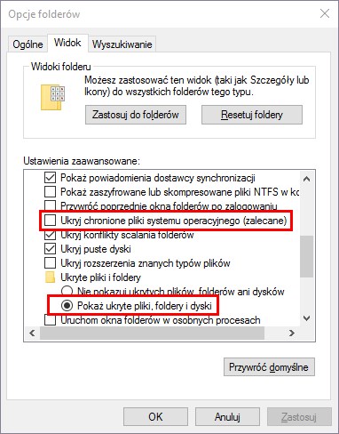 Włącz wyświetlanie plików chronionych i ukrytych