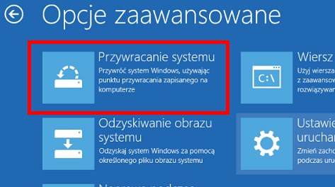 Wybierz opcję przywracania systemu w opcjach zaawansowanego uruchamiania