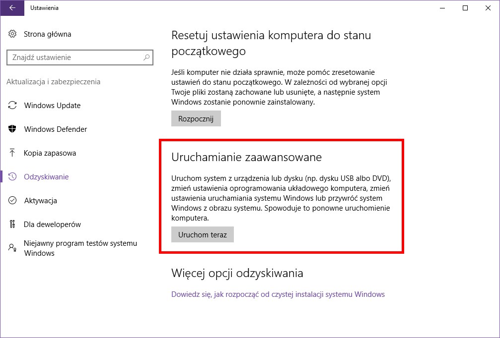 Uruchom system w trybie zaawansowanego uruchamiania