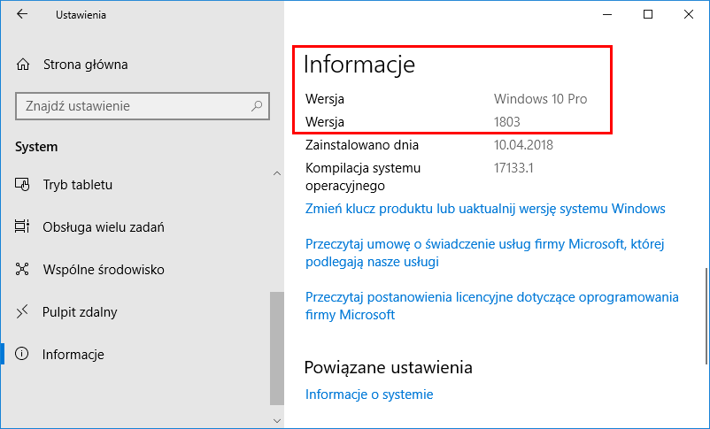 Zaktualizowany Windows 10 po polsku do Spring Creators Update Build 1803