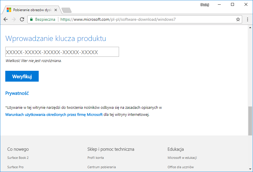 Wpisz klucz produktu Windows 7, aby zweryfikować i pobrać ISO