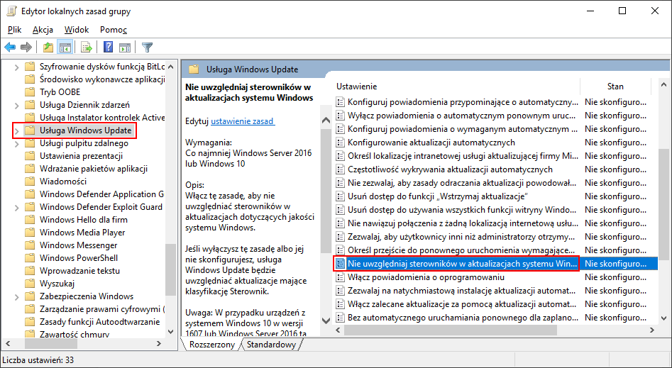 Znajdź regułę odpowiedzialną za instalację sterowników przez Windows Update