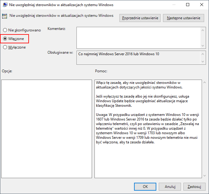 Włącz regułę blokady instalacji sterowników z Windows Update