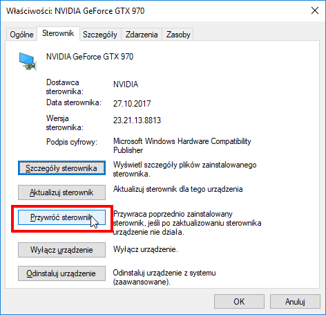 Przywracanie sterownika do karty graficznej