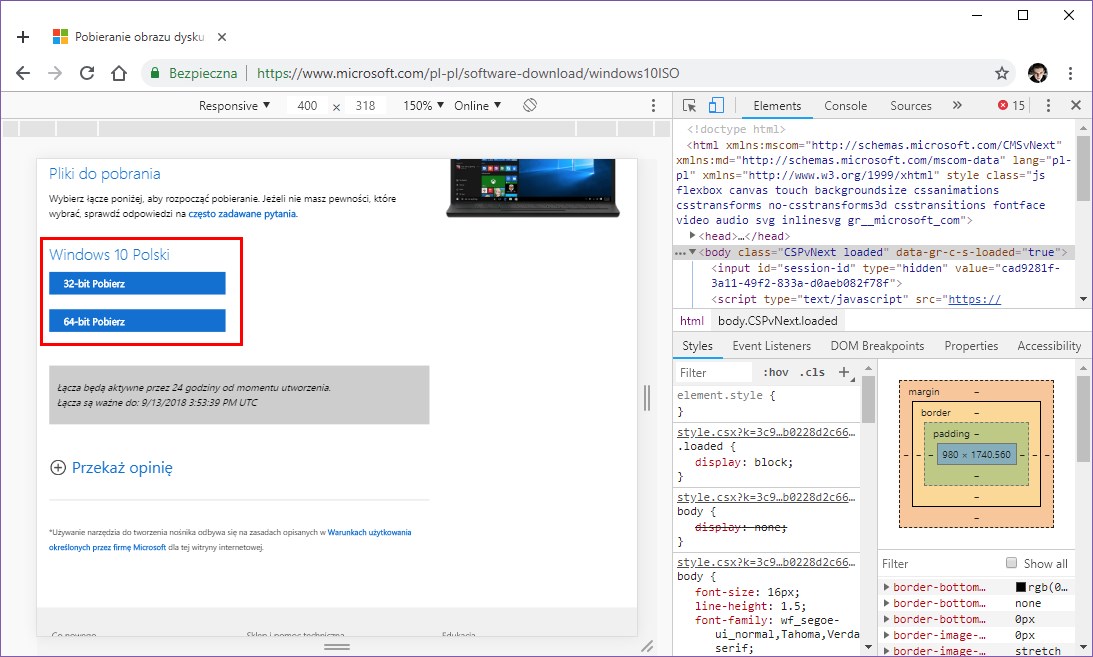 Pobieranie Windows 10 ISO 32-bit/64-bit w Chrome