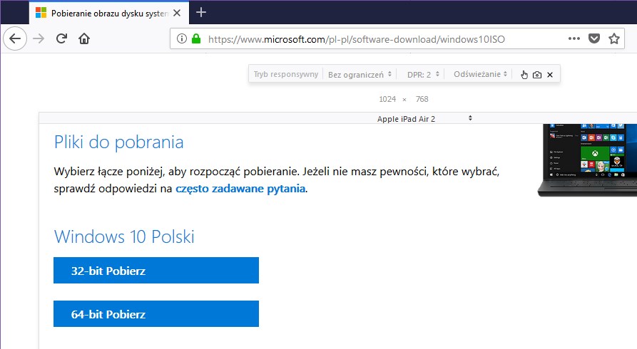 Wybierz architekturę Windows 10 do pobrania w Firefox