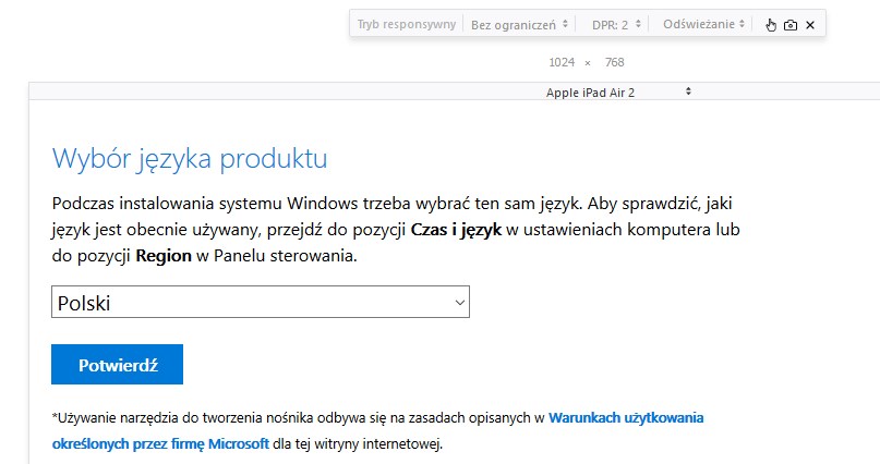 Wybierz język i wersję Windows 10 do pobrania w Firefox