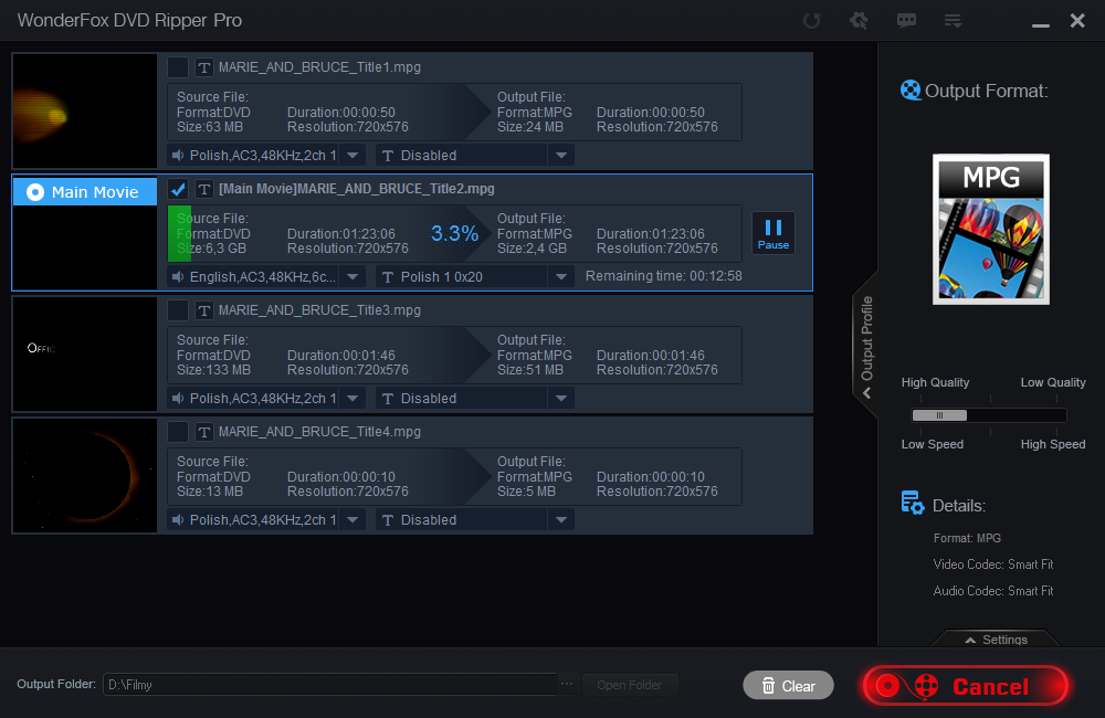 Konwertowanie filmu w Wonderfox DVD Ripper Speedy