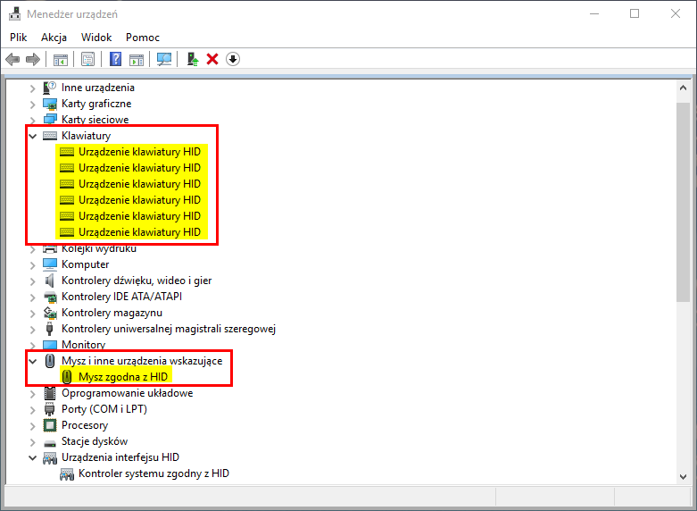 Wejdź do Menedżera urządzeń i znajdź myszy oraz klawiatury